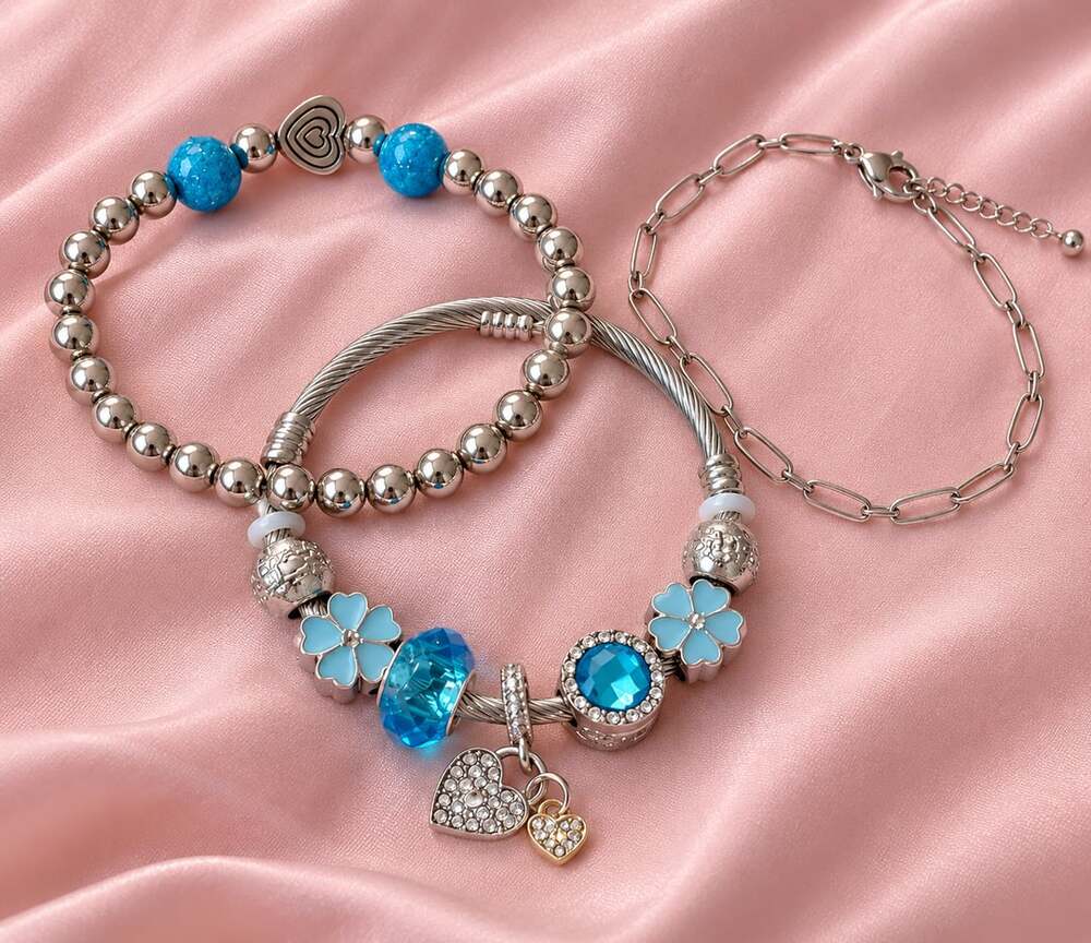 3Piece Blue Crystal Charm Bracelet Set with Silver Beads and Heart Charms